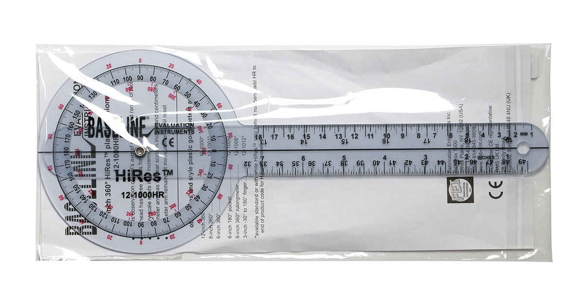 Baseline Plastic Goniometer - HiRes 360 Degree Head - 12 inch Arms
