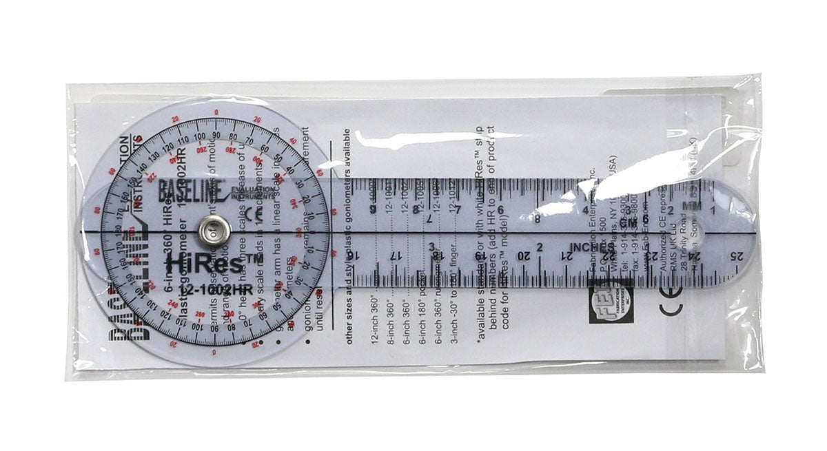 Baseline Plastic Goniometer - HiRes 360 Degree Head - 6 inch Arms