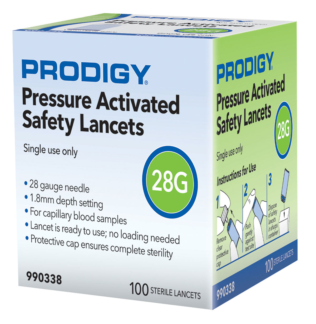 Prodigy Pressure Activated Safety Lancets, 28G, 1.8mm, Blue, 100 count