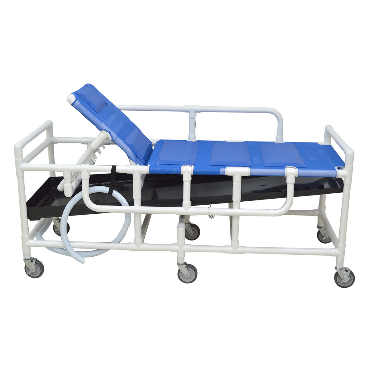 MJM International, shower gurney, five position elevating headrest, hard shell drain pan/hose