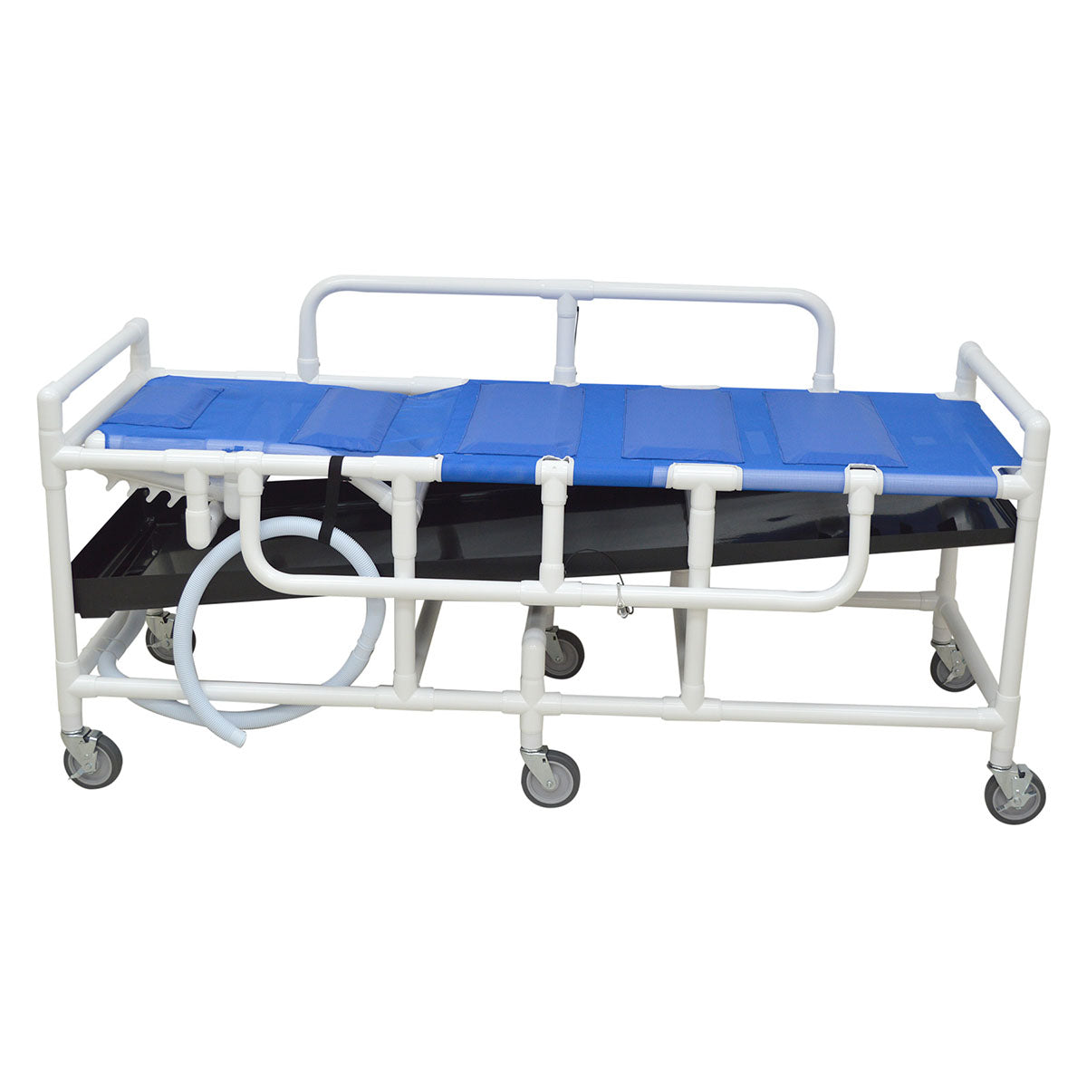 MJM International, shower gurney, five position elevating headrest, hard shell drain pan/hose