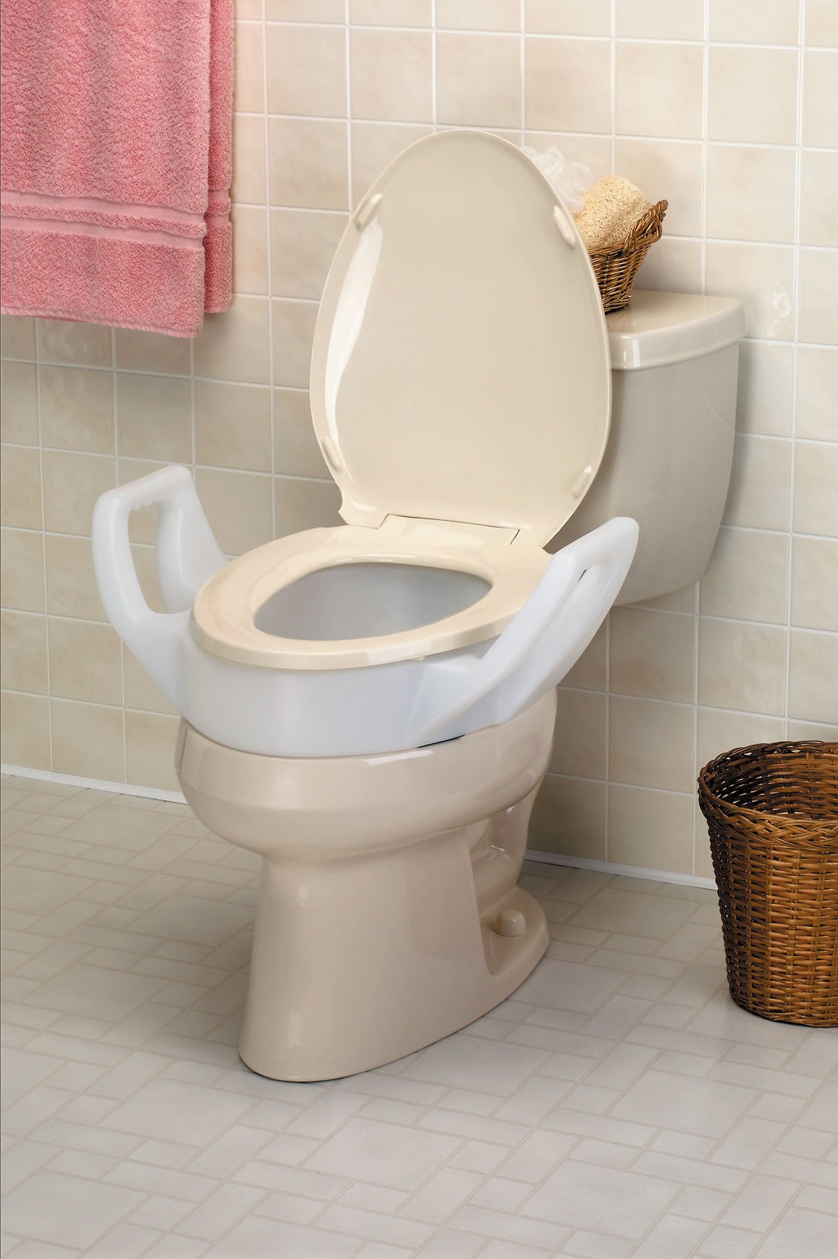 Elevated toilet seat with arms, elongated 