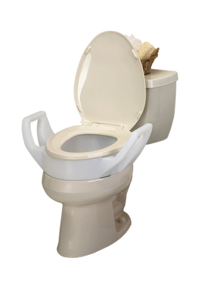 Elevated toilet seat with arms and lock-on bracket 